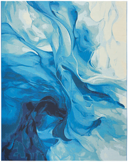 Abstract blue artwork with flowing navy and cyan swirls and white highlights, canvas wall art print.