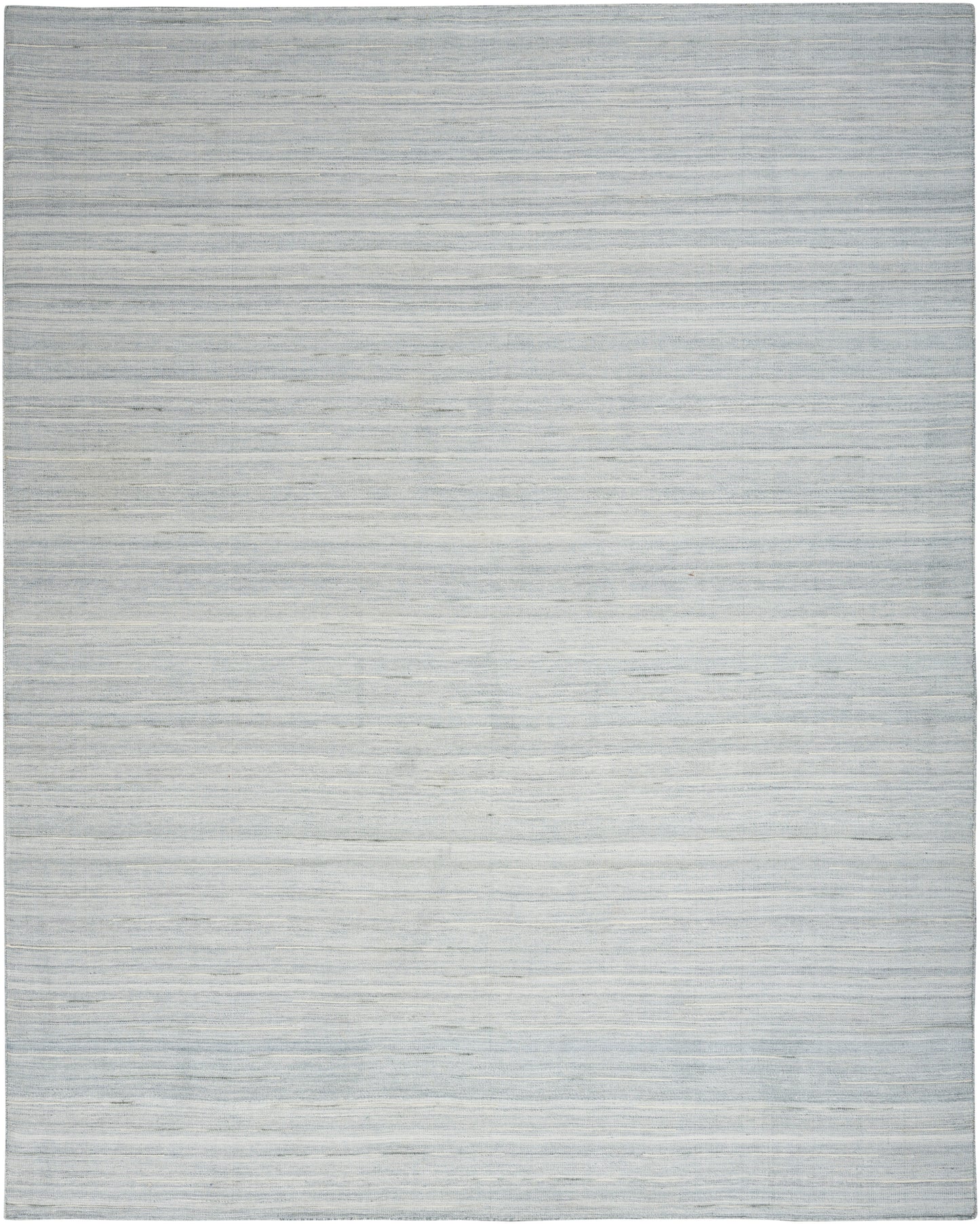 Light gray-blue flatweave rug with subtle horizontal stripes; contemporary minimalist style for living room.