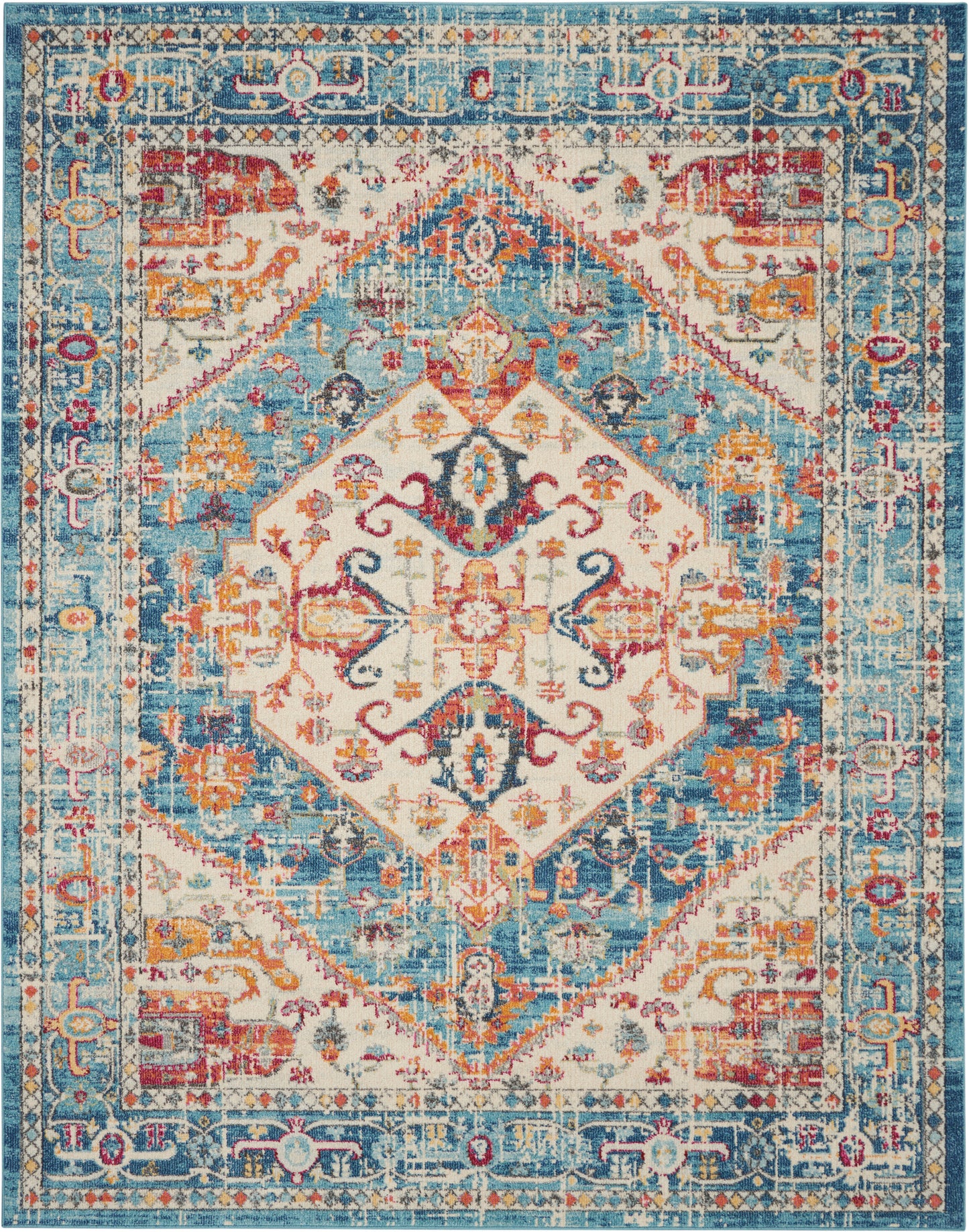 Colorful Persian-style area rug with central diamond medallion, blue cream coral & gold motifs, ornate border.