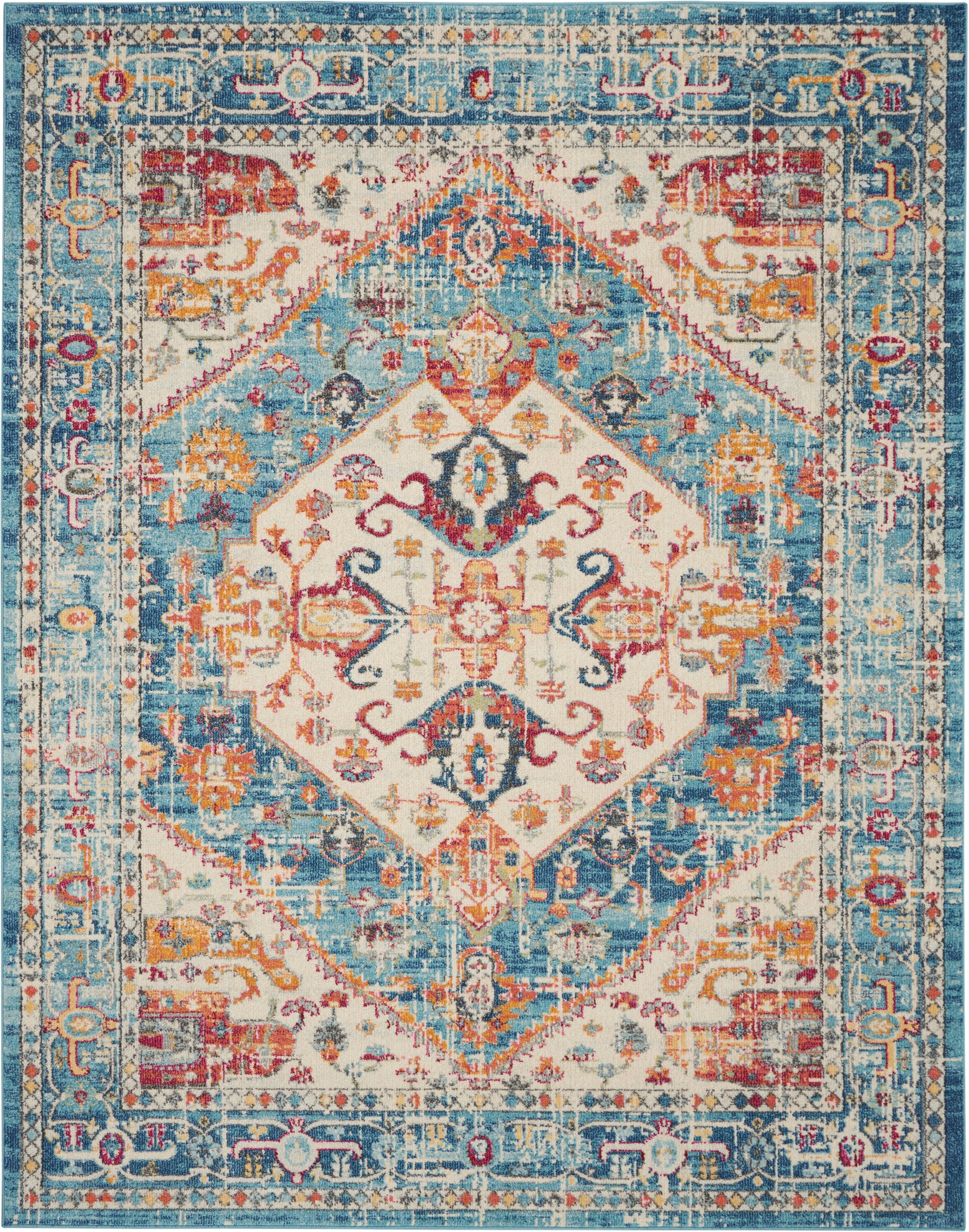 Colorful Persian-style area rug with central diamond medallion, blue cream coral & gold motifs, ornate border.