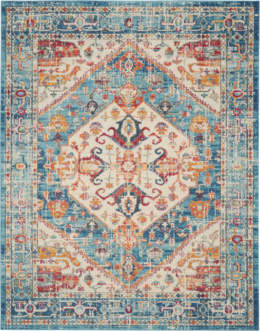 Colorful Persian-style area rug with central diamond medallion, blue cream coral & gold motifs, ornate border.