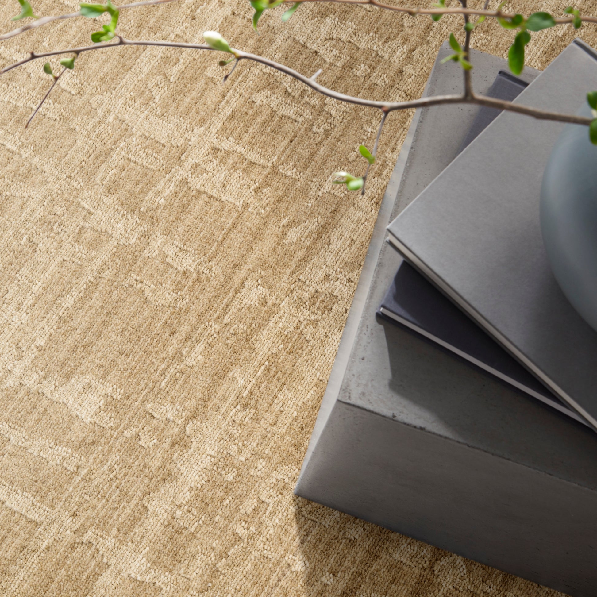Beige textured rug with a linear pattern beside gray concrete coffee table and stacked paint swatches, greenery overhead.