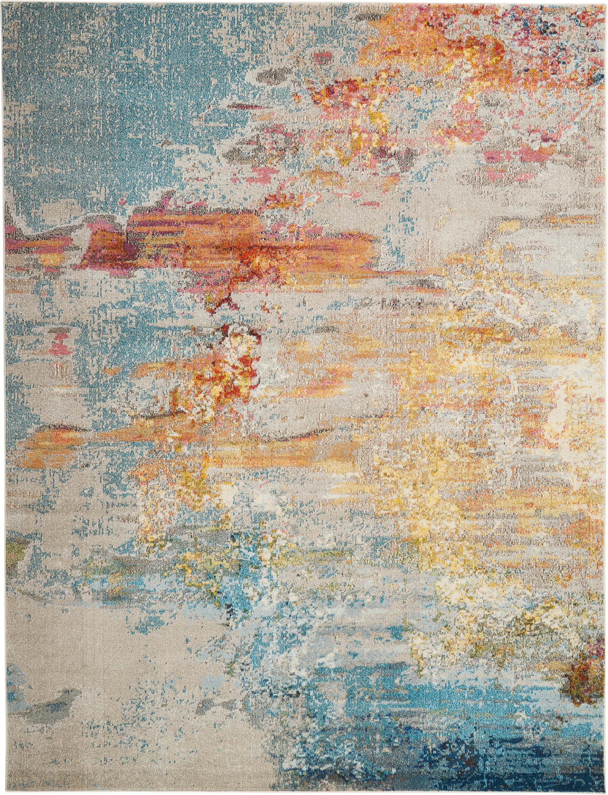 Rectangular abstract area rug with a distressed multicolor pattern in blues, beiges, yellows, pinks.
