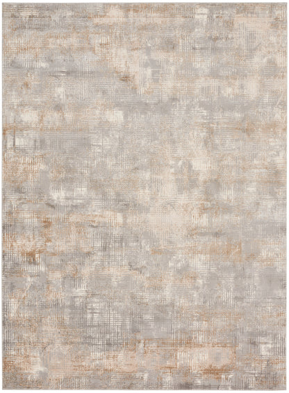 Abstract neutral rectangular rug in gray, beige and taupe with a textured brushstroke pattern; modern living room decor.