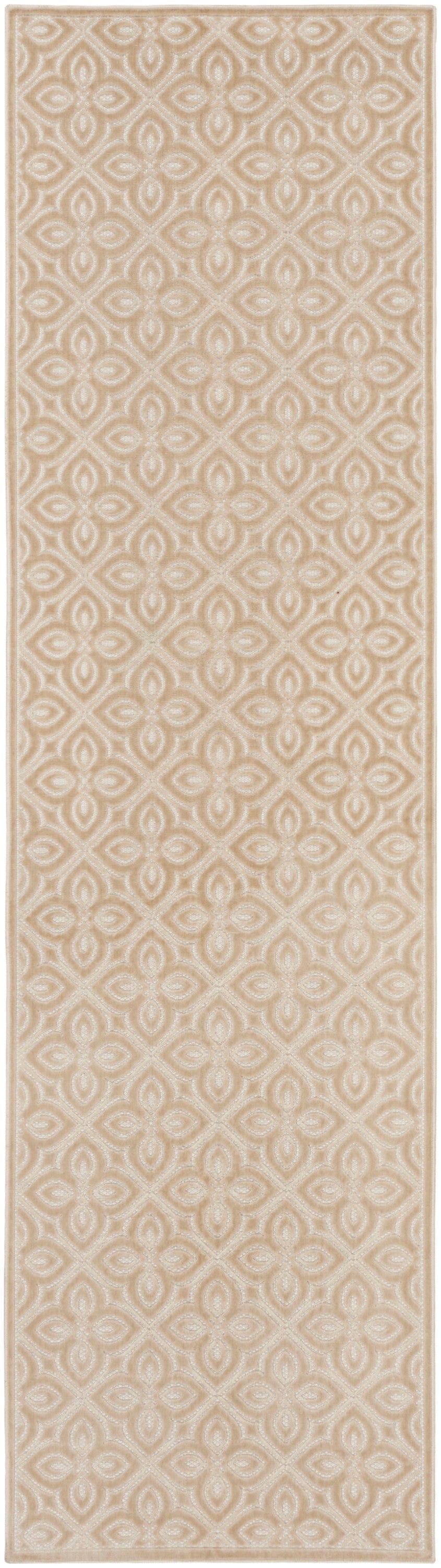 Beige 8' runner rug with a repeating cream geometric lattice of interlocking loops and a subtle textured pile.
