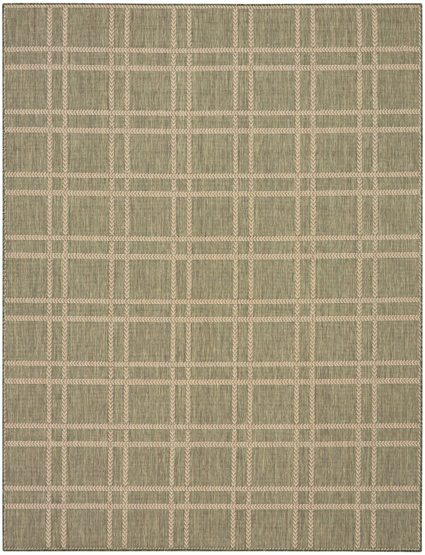 Rectangular woven rug in natural beige with pink-beige plaid grid; textured jute-like fibers.