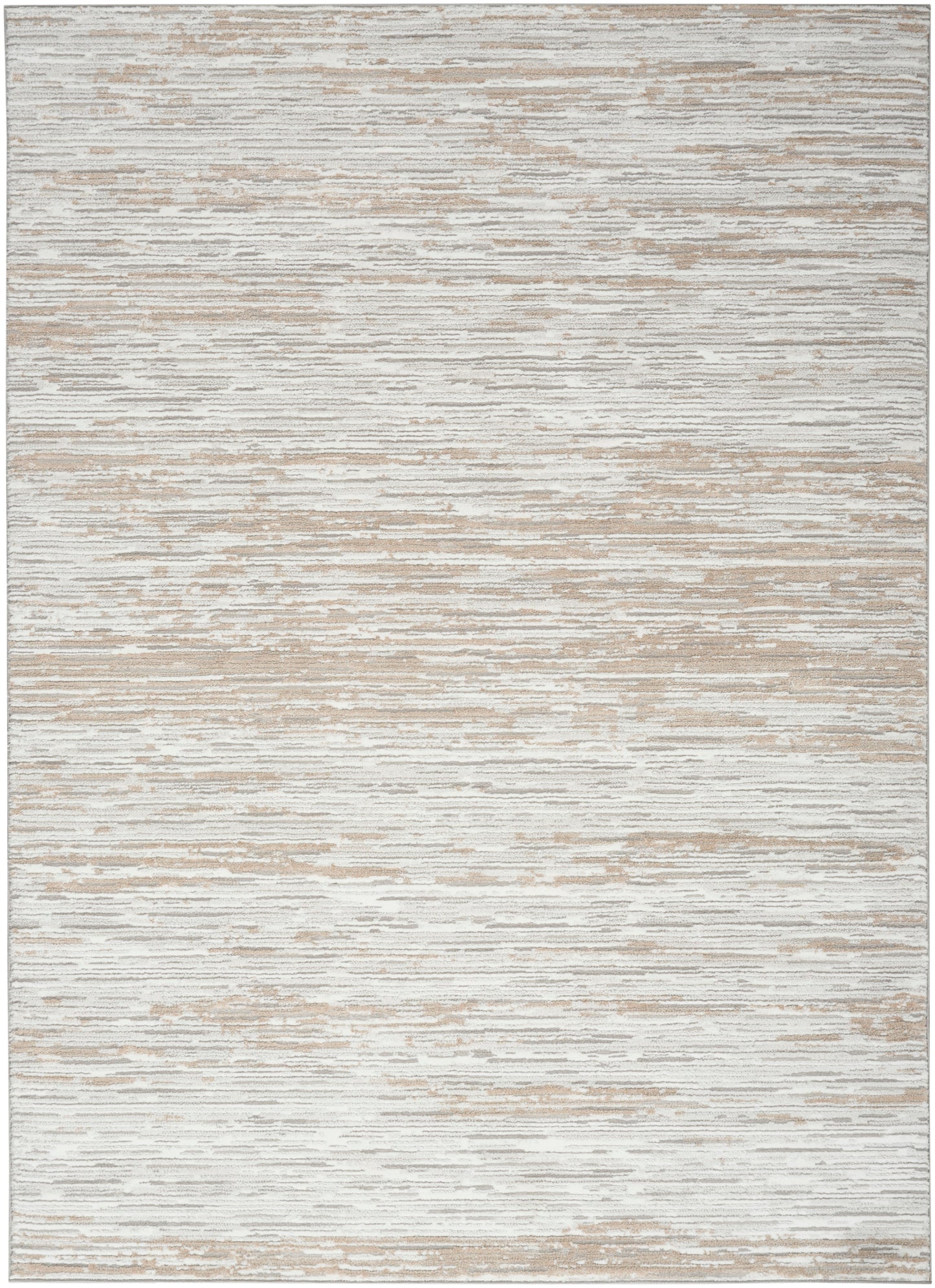 Neutral abstract rug featuring cream, beige and taupe horizontal striations; soft texture, modern style.