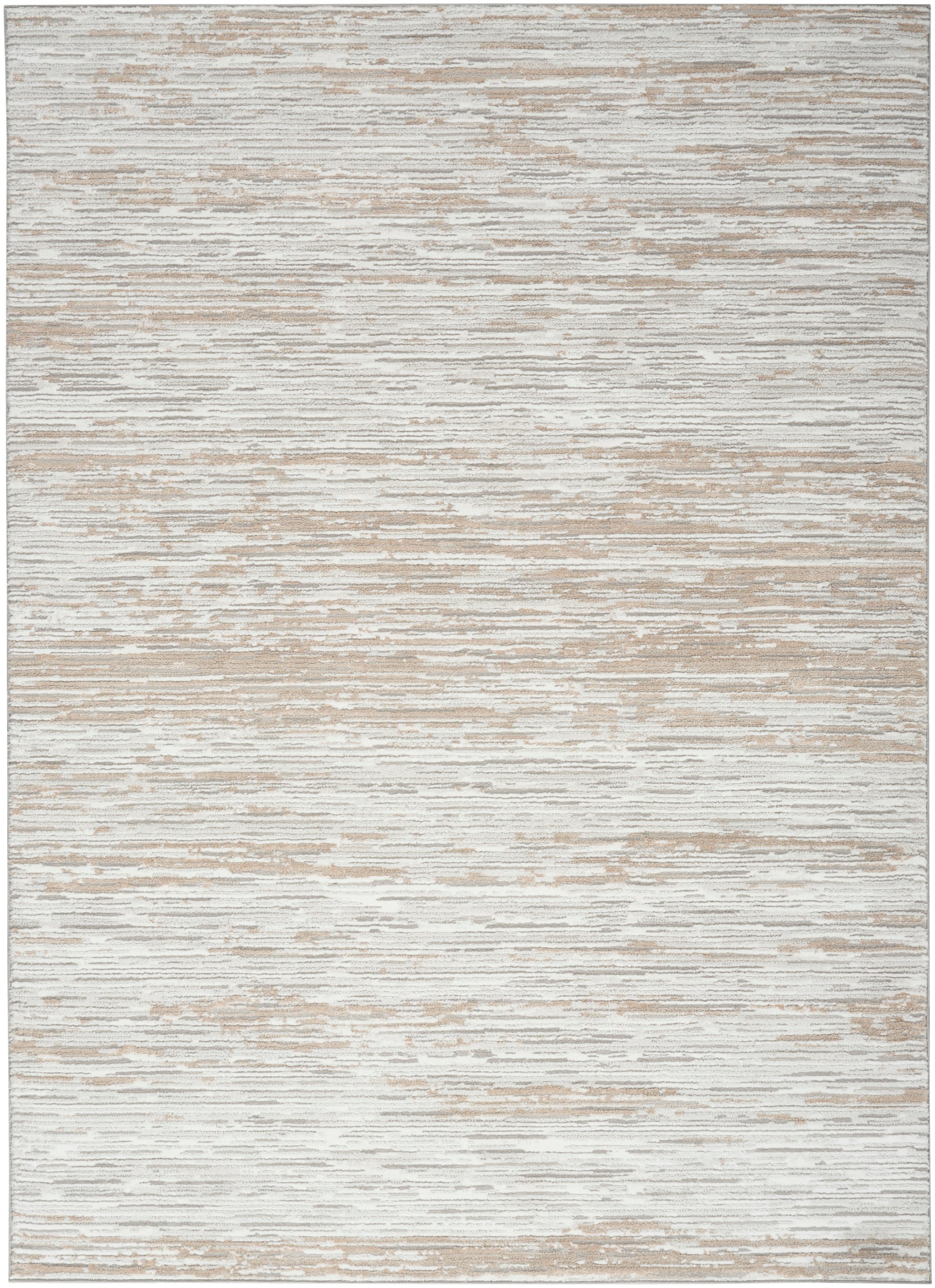 Neutral abstract rug featuring cream, beige and taupe horizontal striations; soft texture, modern style.