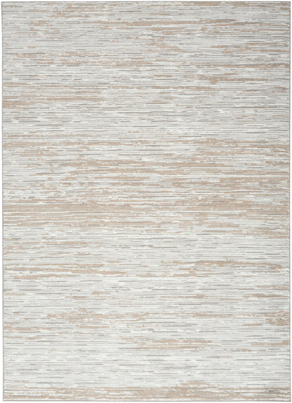 Neutral abstract rug featuring cream, beige and taupe horizontal striations; soft texture, modern style.