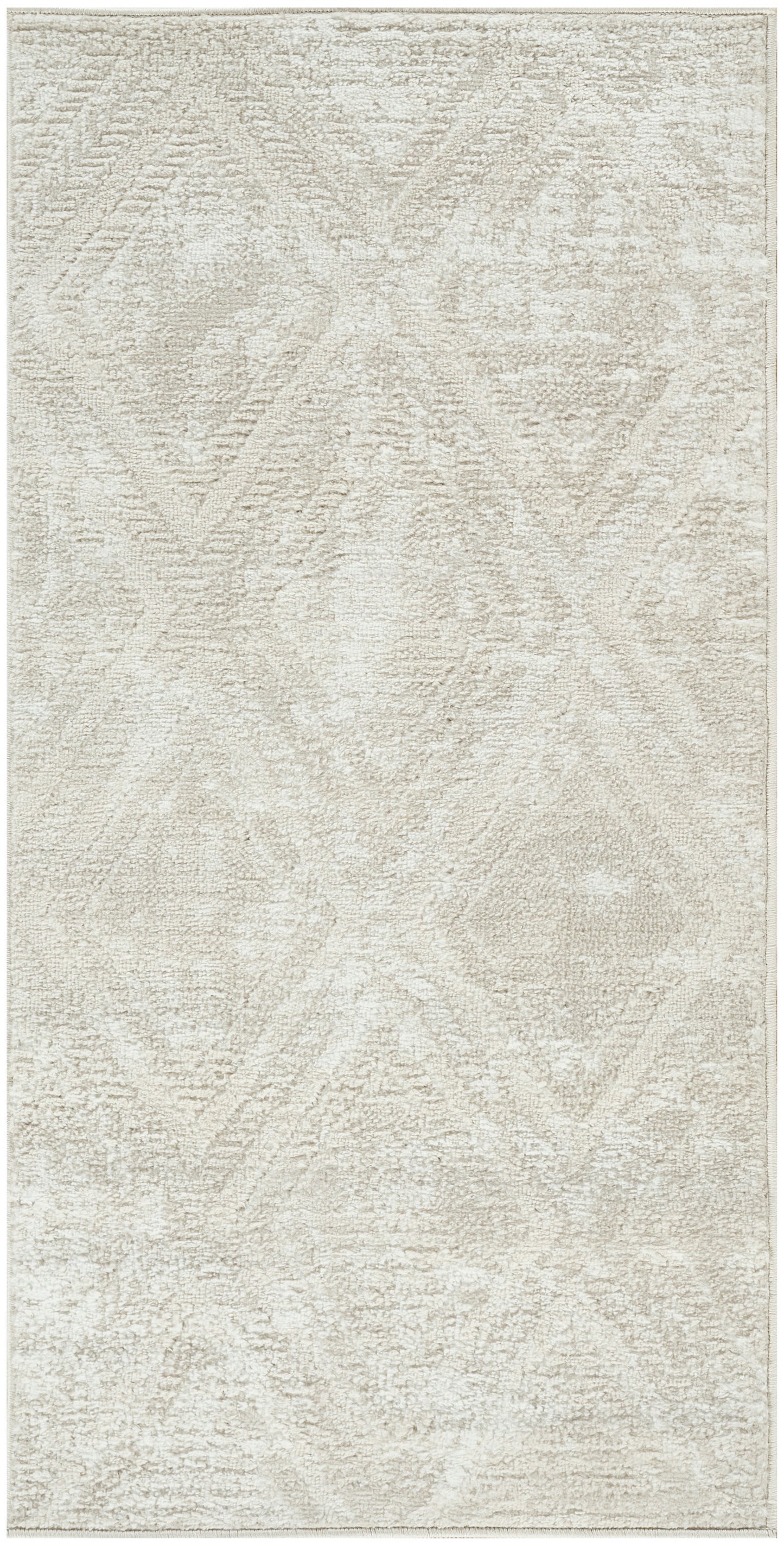 Light beige rug (2' x 4') with a subtle diamond geometric pattern and a soft textured surface.