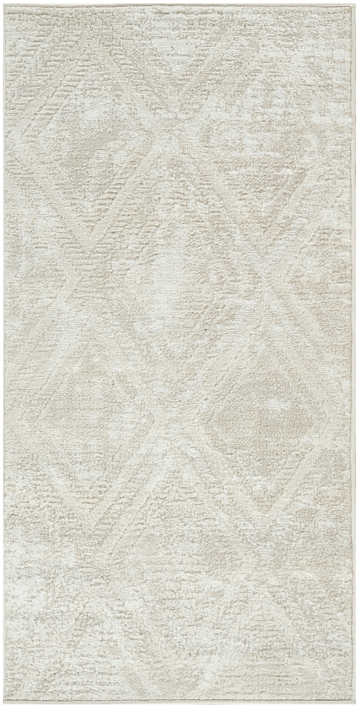 Light beige rug (2' x 4') with a subtle diamond geometric pattern and a soft textured surface.