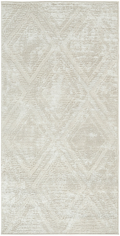 Light beige rug (2' x 4') with a subtle diamond geometric pattern and a soft textured surface.