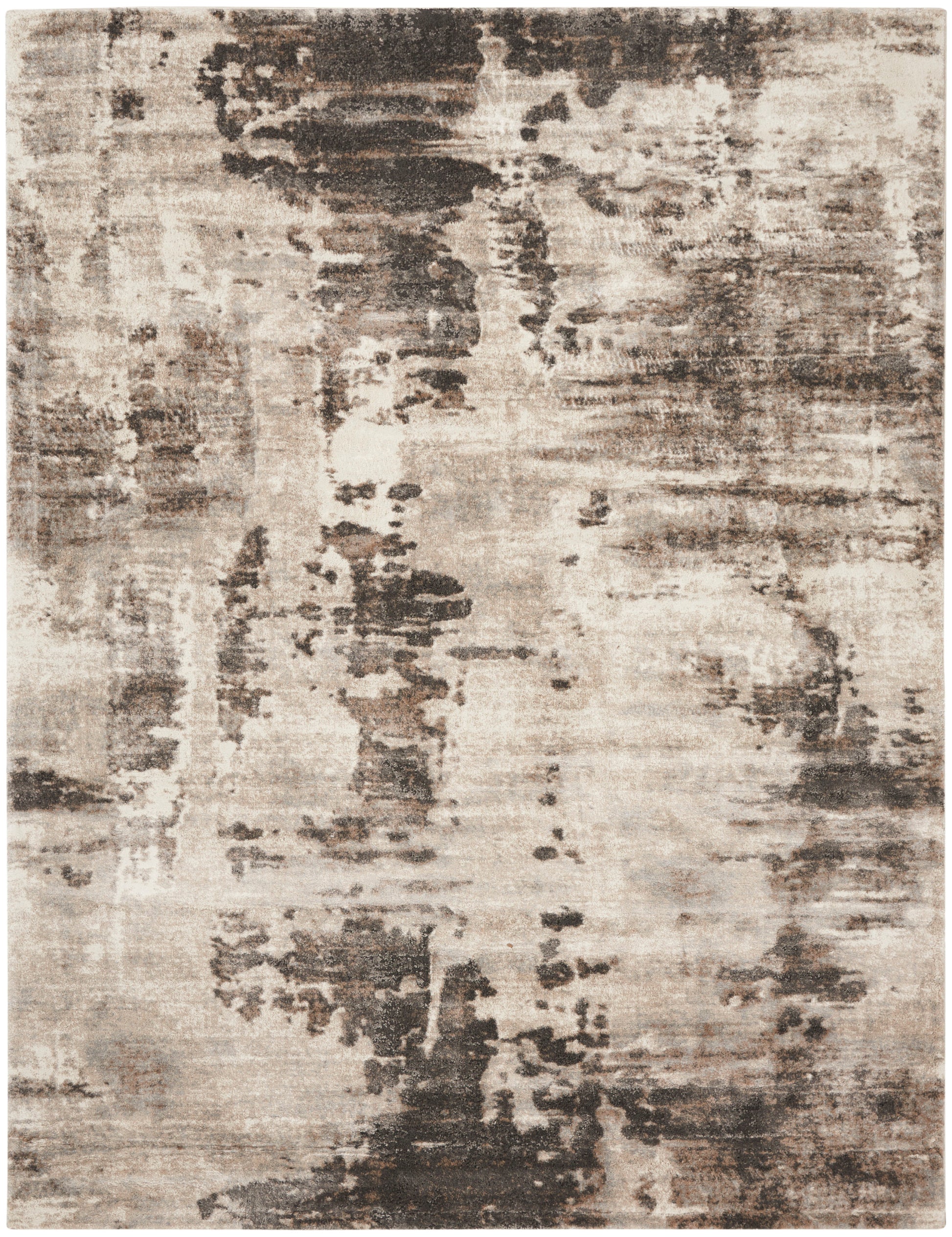 Abstract beige-brown distressed area rug with charcoal gray patches; rectangular modern living room rug
