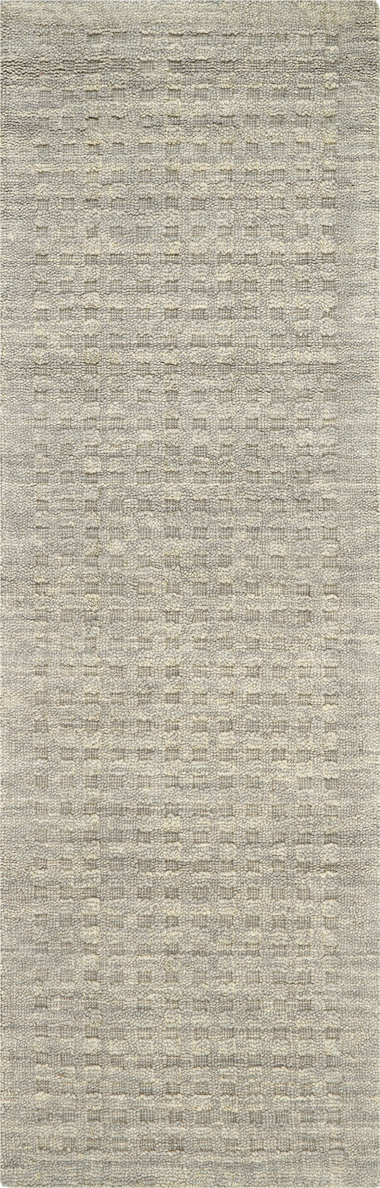 Beige textured woven rug with subtle cream grid pattern and loop pile.