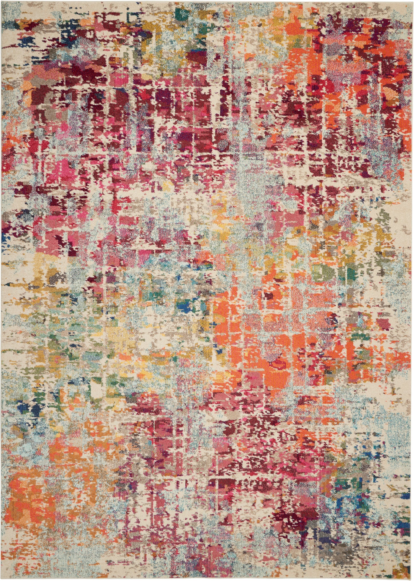 Abstract multicolor area rug with distressed block pattern in pinks, oranges, teals and creams; modern, soft pile.