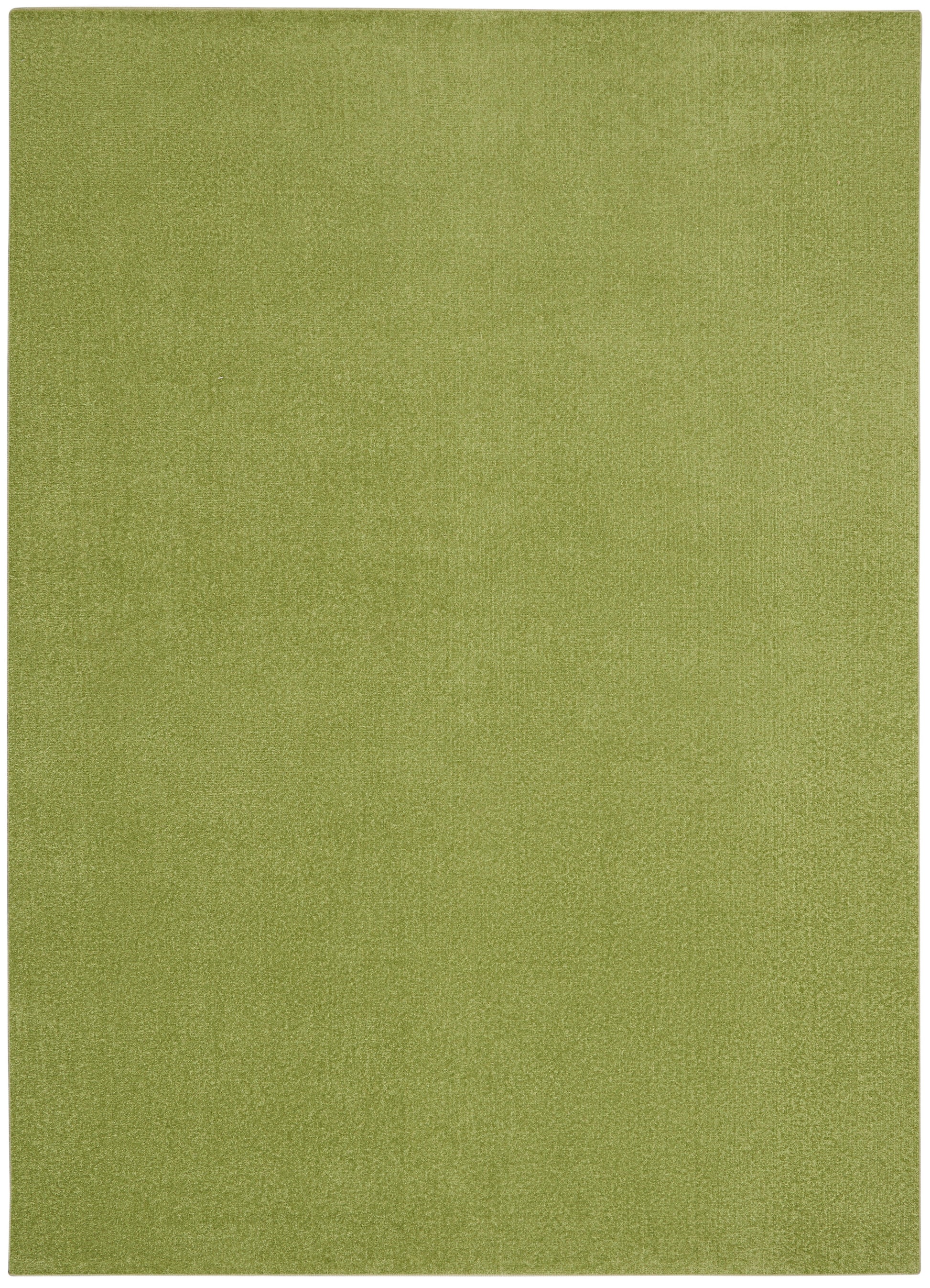 Rectangular outdoor rug in olive-green with a textured surface and subtle sheen; 6' x 9'.