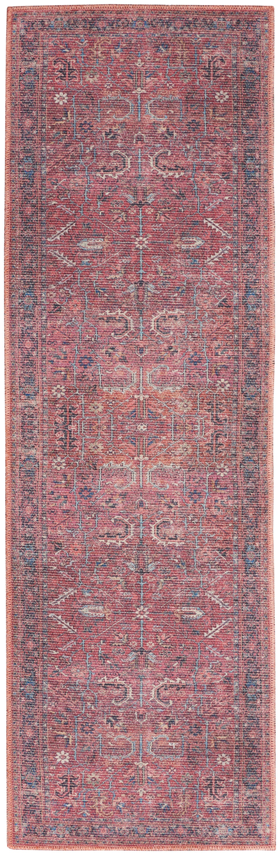 Persian-style red runner rug with blue border and intricate floral-geometric pattern.