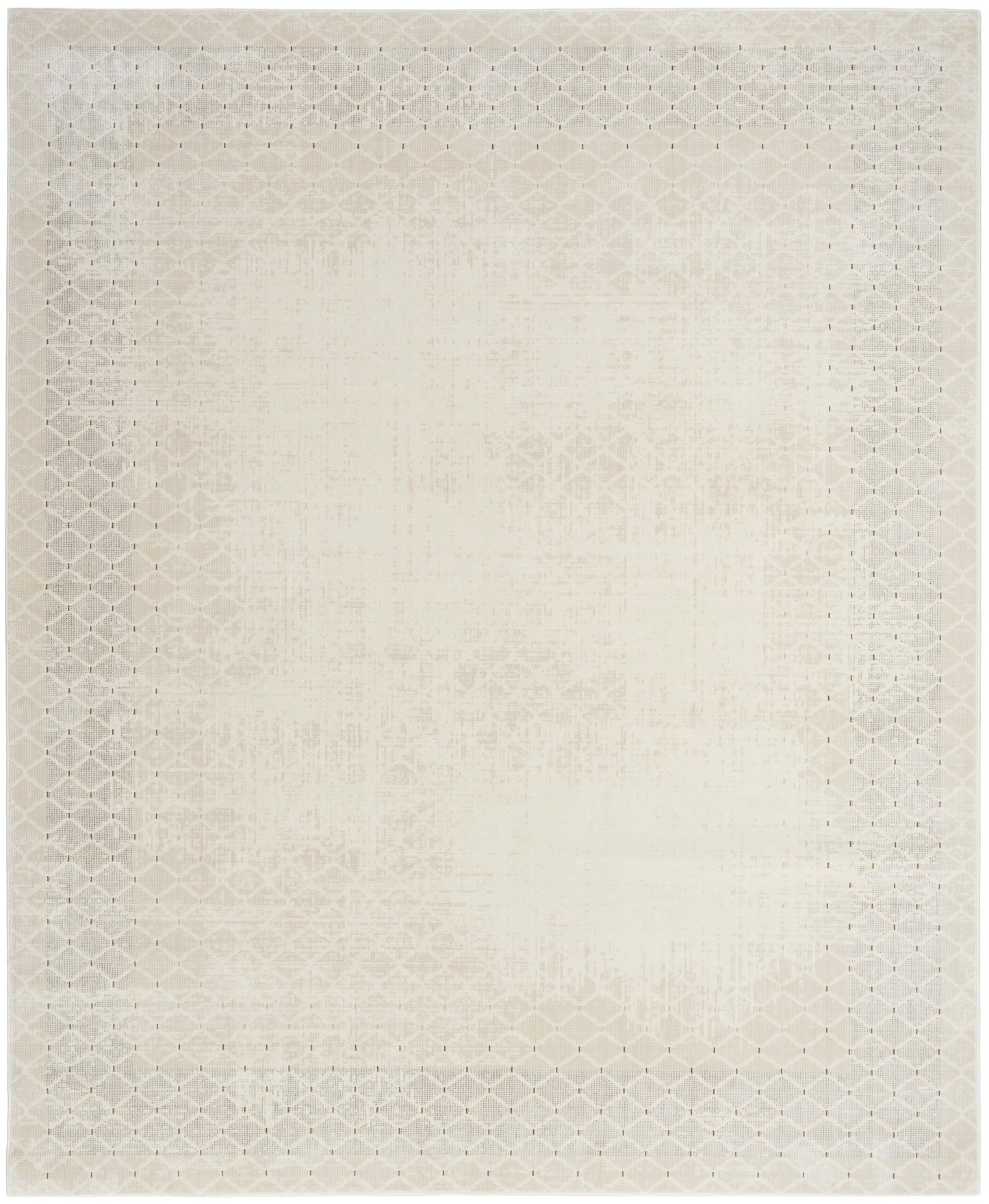 Rectangular cream rug with a pale lattice border and a softly distressed central motif.