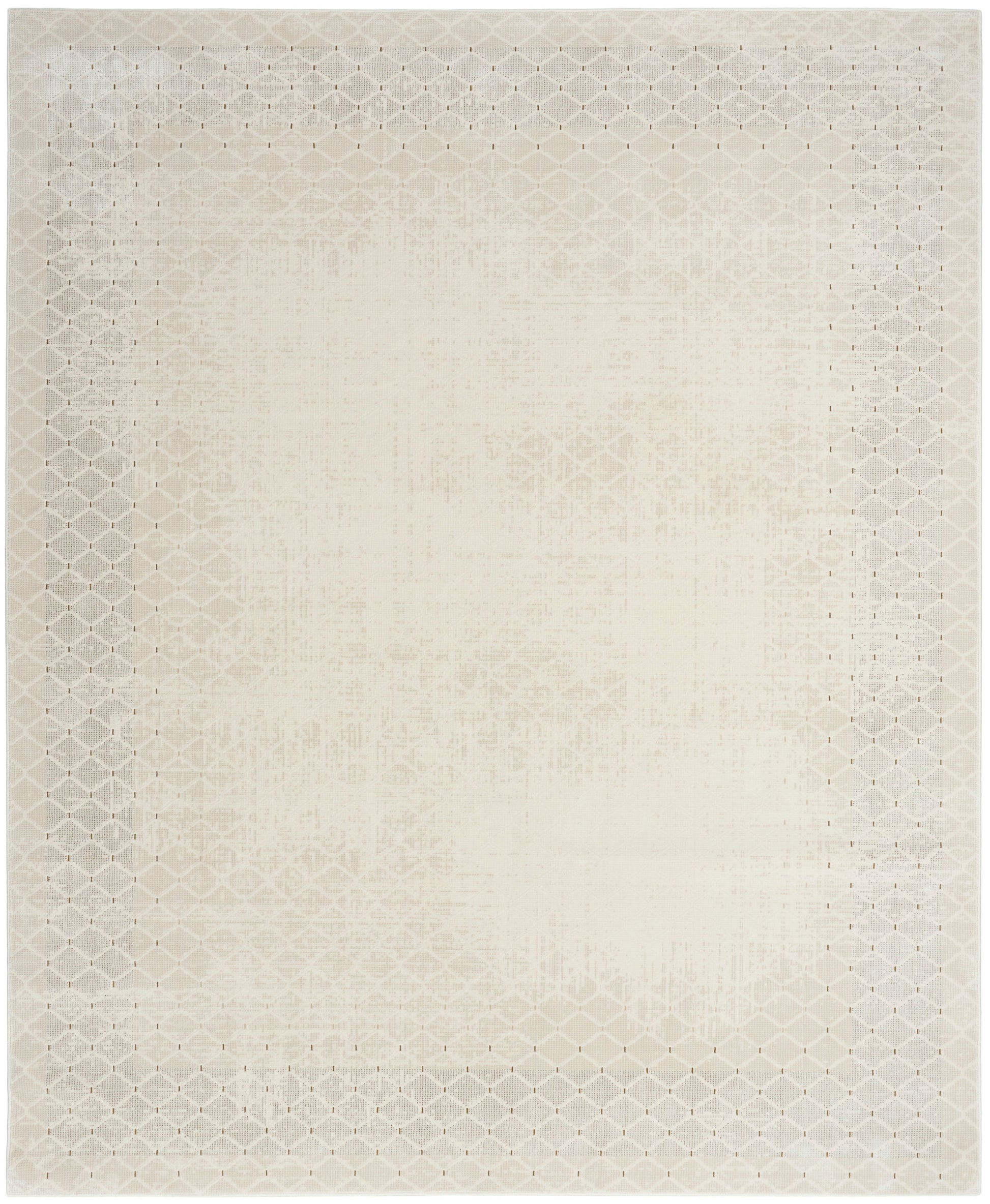 Rectangular cream rug with a pale lattice border and a softly distressed central motif.