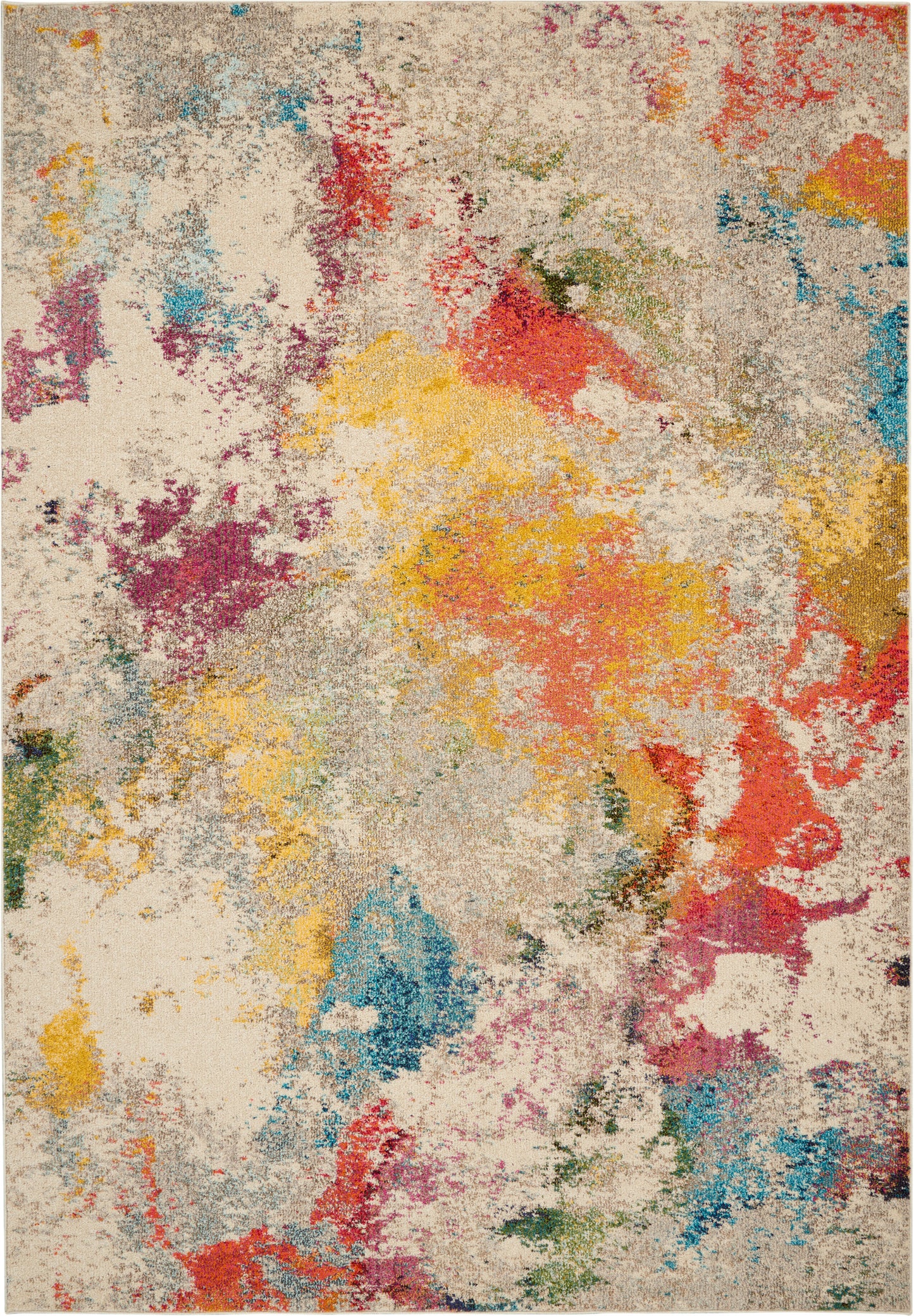Abstract multicolor area rug with beige base and irregular splashes of red, yellow, blue, and green.