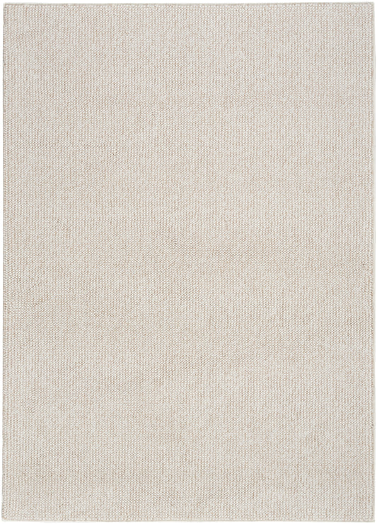 Beige rectangular woven rug with subtle speckled texture and natural fiber look; neutral, versatile decor.