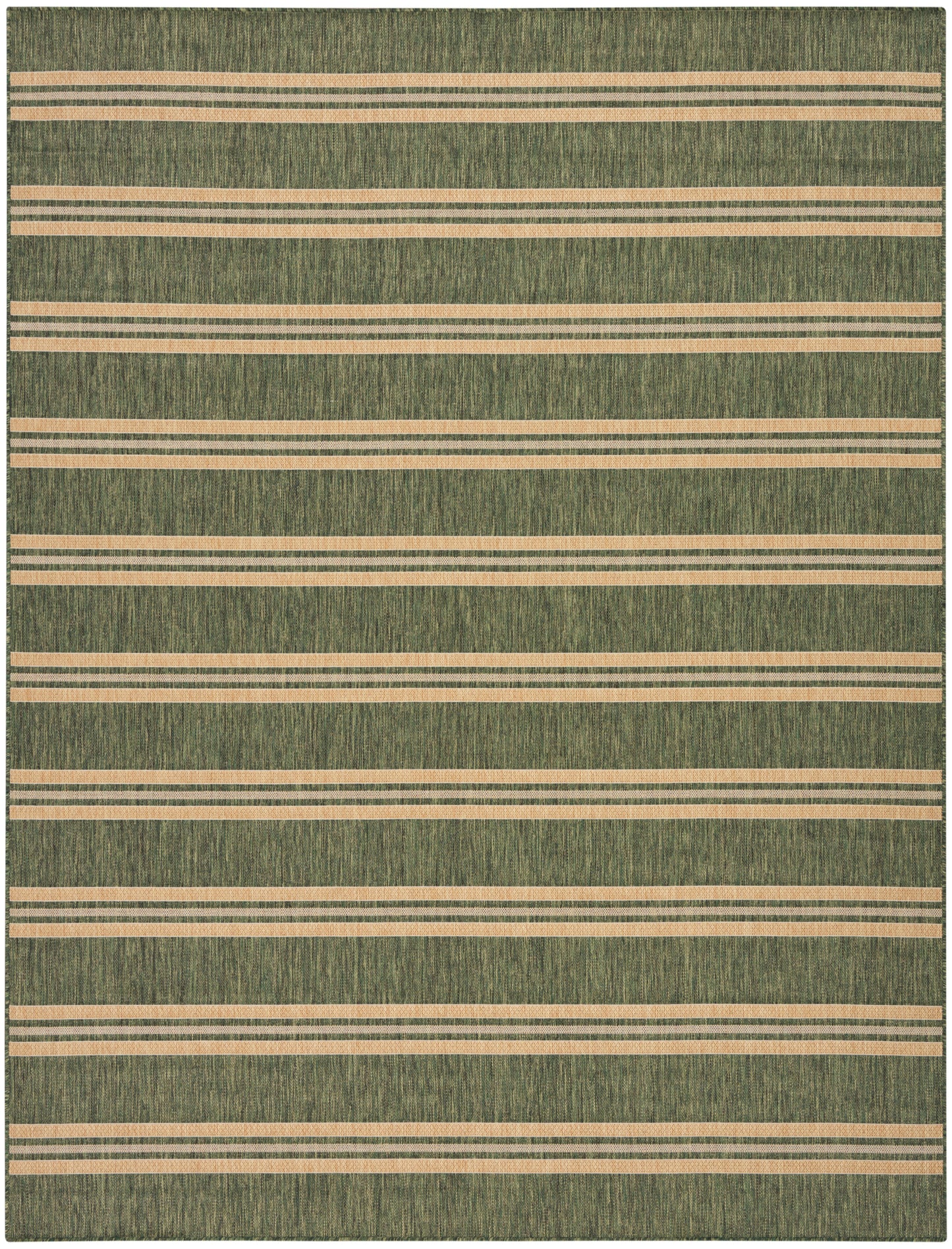 Green textured rug with beige horizontal stripes, woven pattern, rectangular area rug for living room.