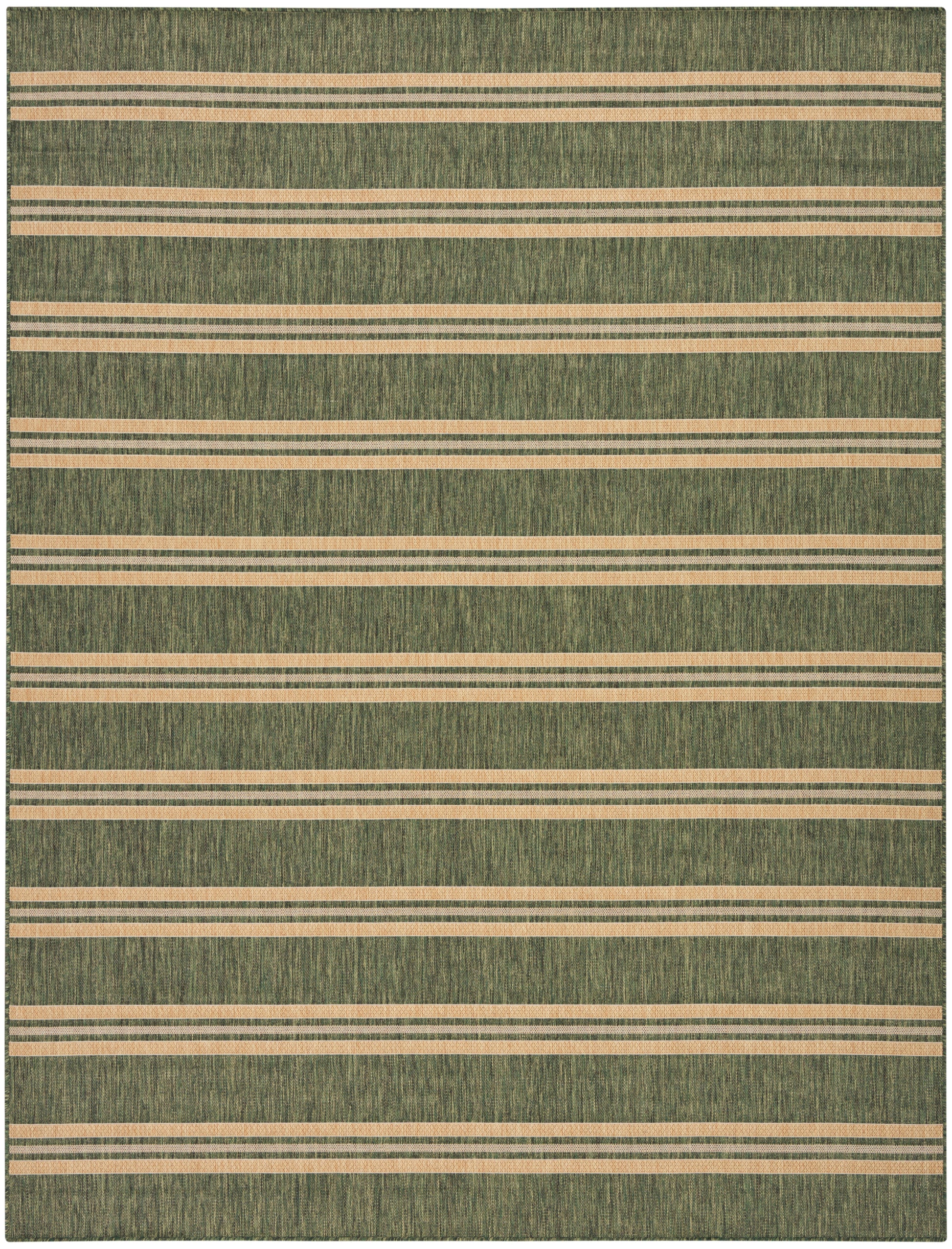 Green textured rug with beige horizontal stripes, woven pattern, rectangular area rug for living room.