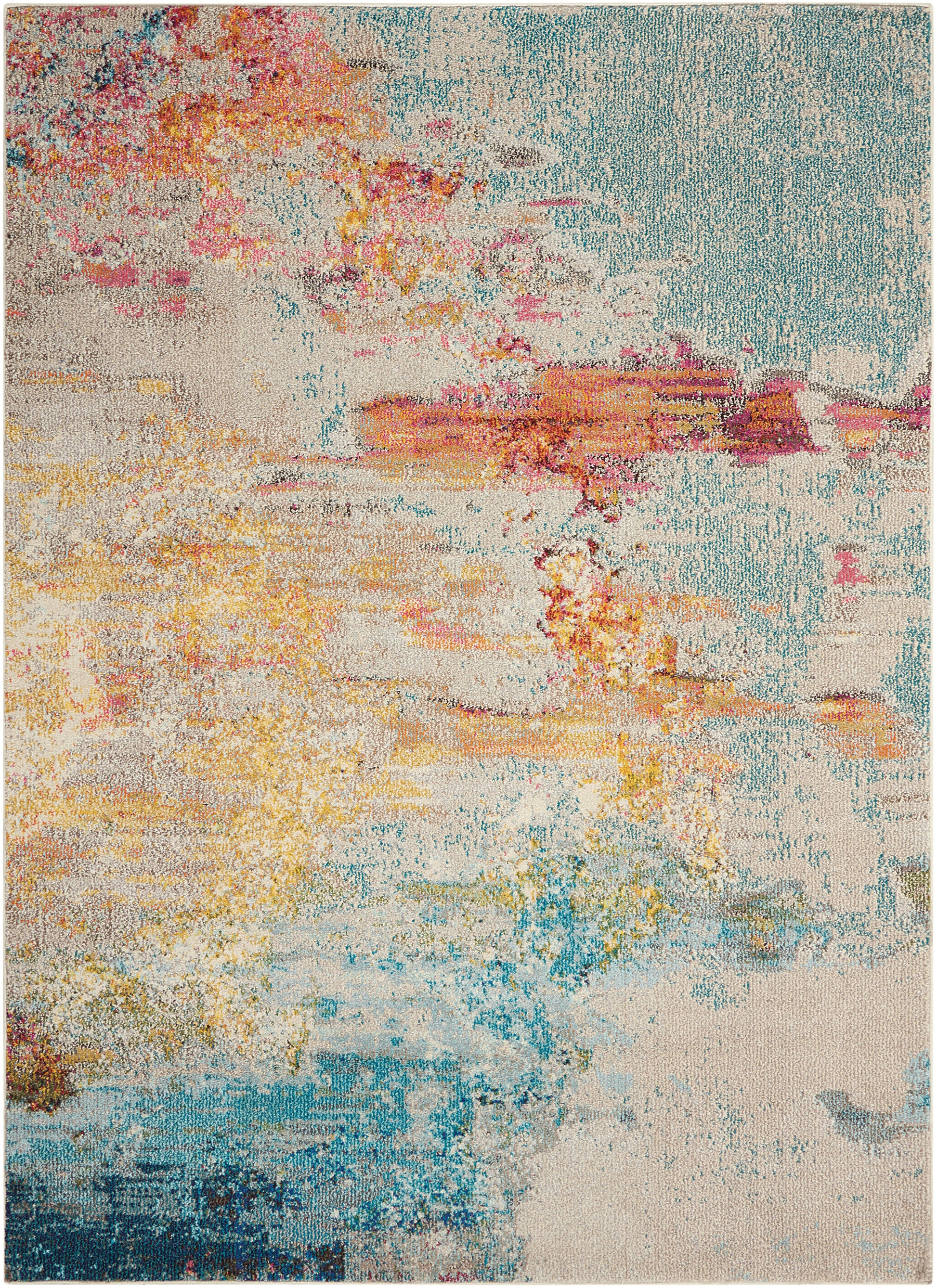 Rectangular abstract area rug with pastel watercolor pattern in peach, pink, teal, blue and beige; soft textured decor.
