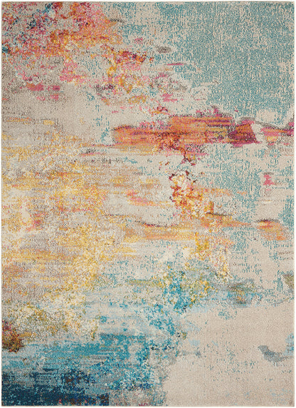 Rectangular abstract area rug with pastel watercolor pattern in peach, pink, teal, blue and beige; soft textured decor.