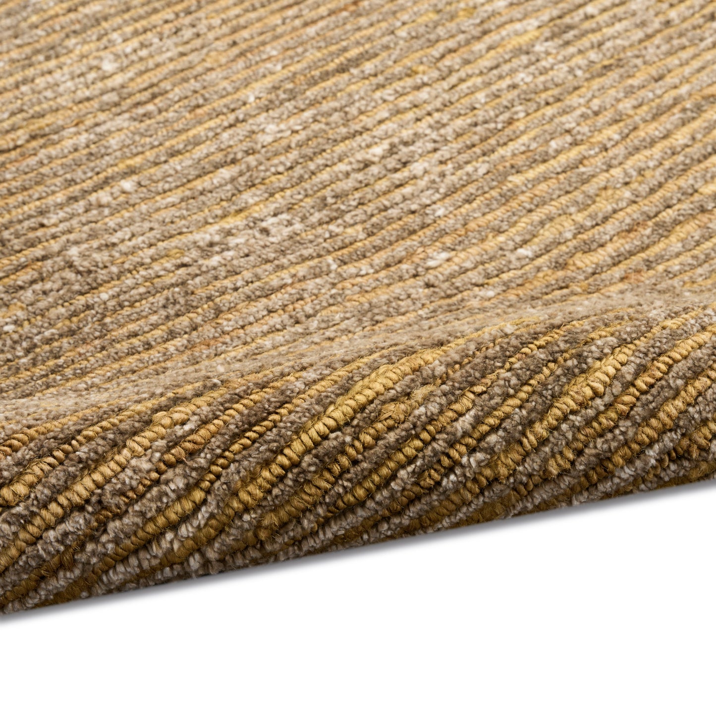 Tan and caramel striped ribbed loop-pile rug with folded corner.