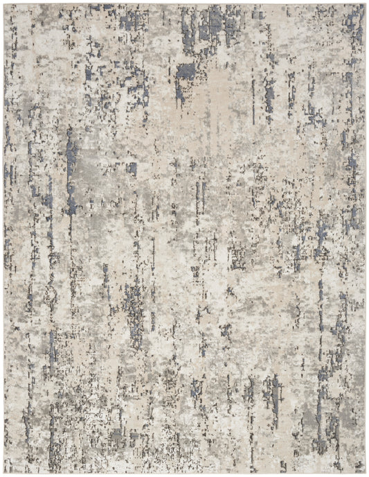 Abstract distressed beige rug with gray-blue vertical streaks, soft pile, modern living room decor.