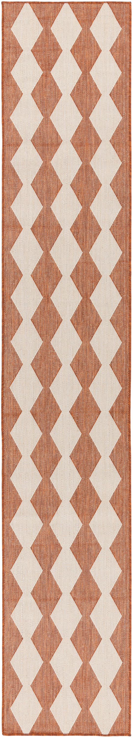 Long runner rug in rust-orange and cream with a repeating diamond pattern; woven geometric textile.