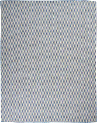 Rectangular blue-gray modern rug with a fine dotted pattern and blue edge trim, 7' x 10'.