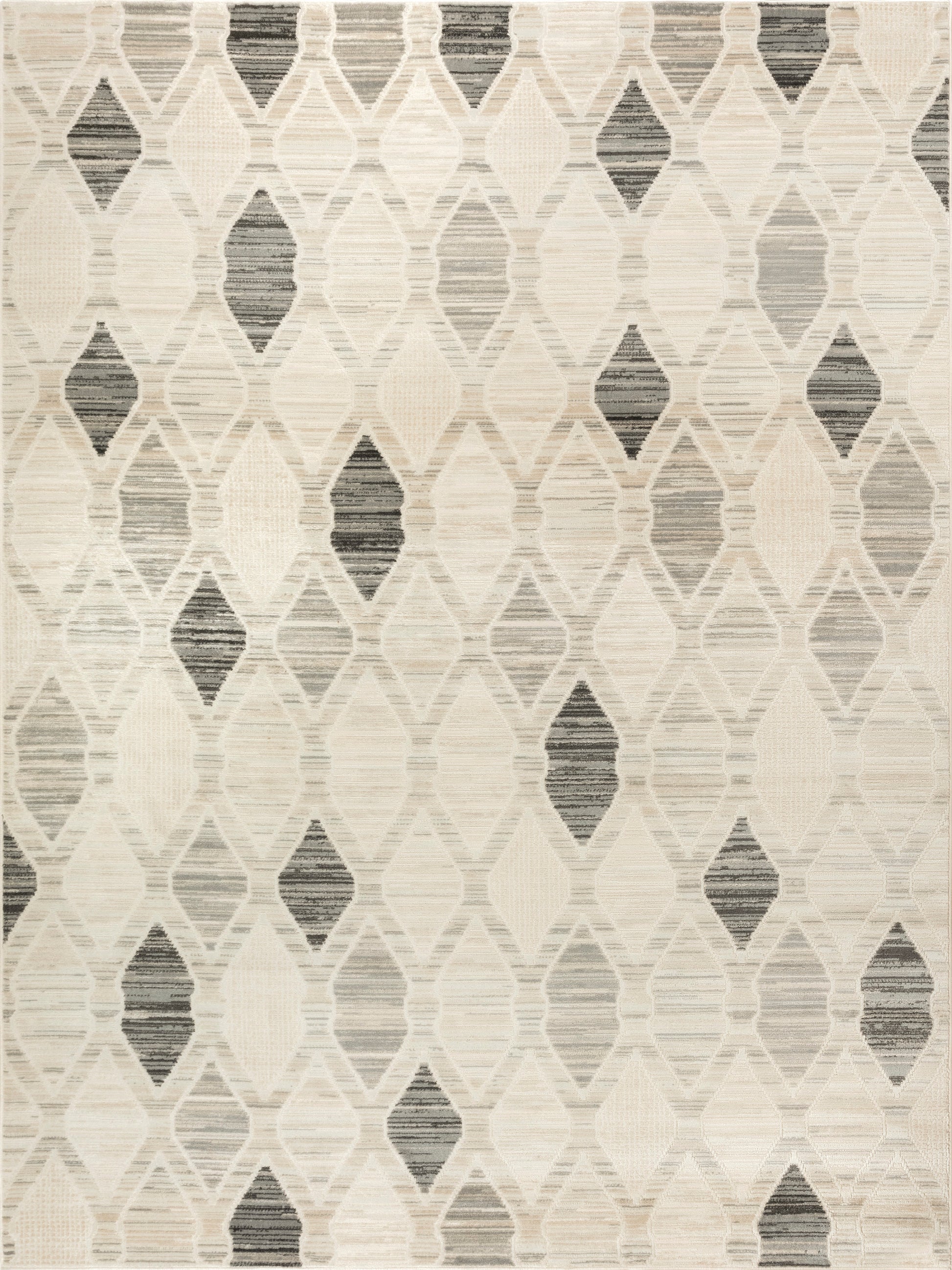 Neutral geometric rug with beige, cream and gray diamond motifs in a repeating lattice pattern.