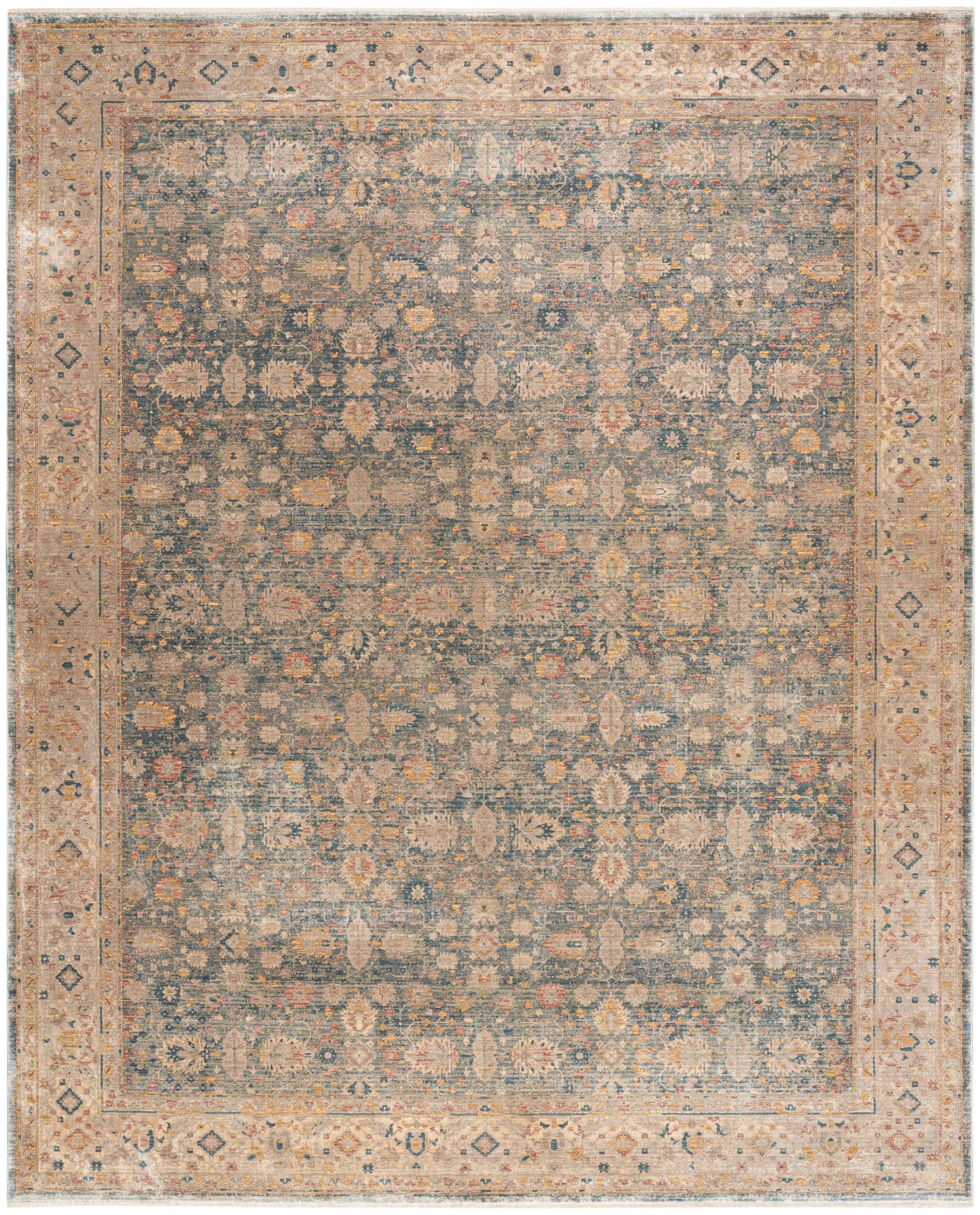 Blue-gray oriental rug with ivory, peach and yellow floral motifs; distressed look and beige geometric border.