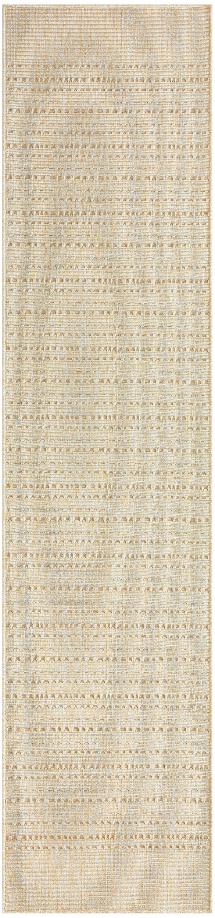 Beige woven runner rug with subtle horizontal striped pattern, cream-tan tones, textured flat-weave look.