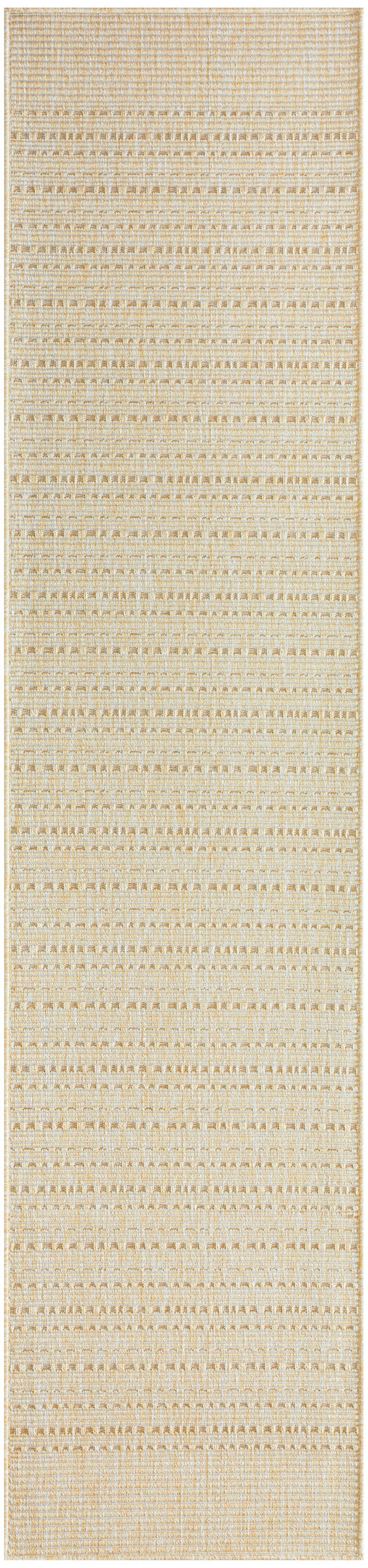 Beige woven runner rug with subtle horizontal striped pattern, cream-tan tones, textured flat-weave look.