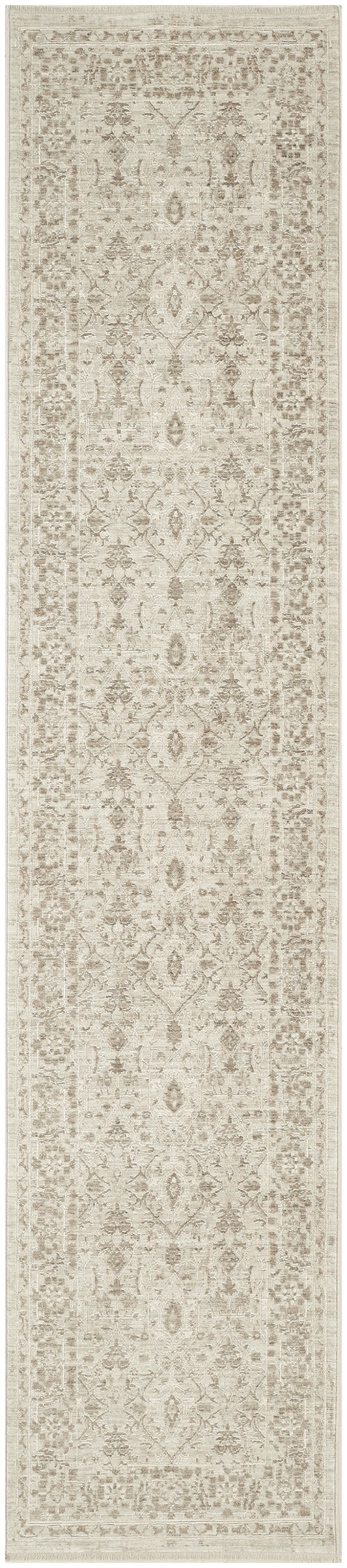 Neutral beige cream runner rug with vintage floral medallion pattern and decorative border, soft distressed look