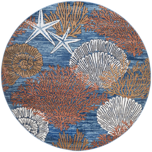 Round coastal rug with blue ocean background and orange and white coral with white starfish accents.