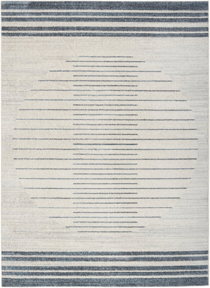 Beige flatweave rug with navy top and bottom borders and a centered circle made of thin blue lines.