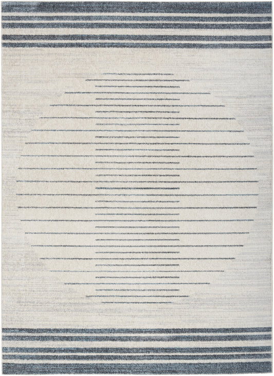 Beige flatweave rug with navy top and bottom borders and a centered circle made of thin blue lines.
