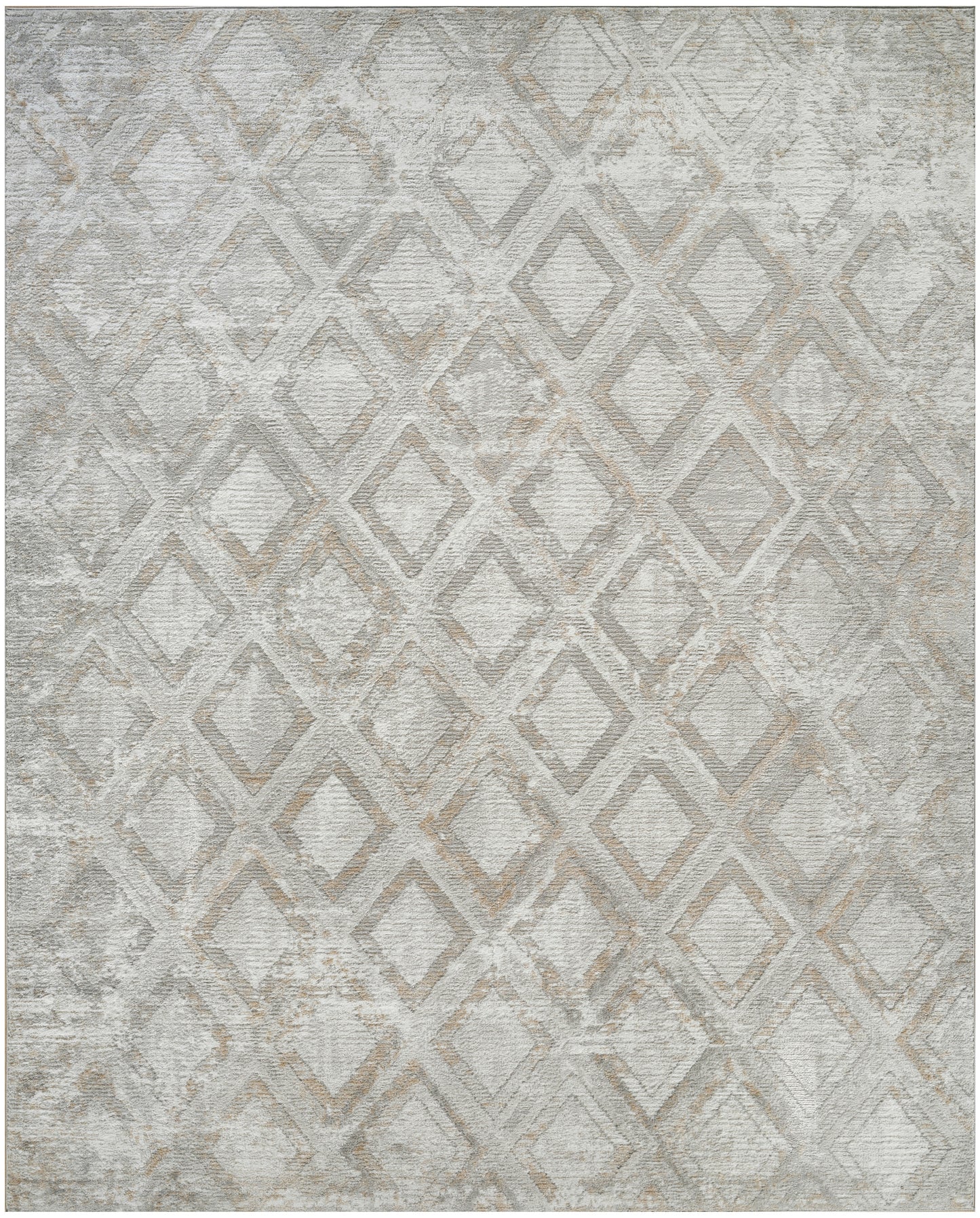 Neutral gray area rug with a subtle beige diamond lattice pattern & distressed, vintage texture.