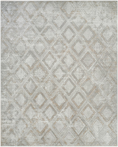 Neutral gray area rug with a subtle beige diamond lattice pattern & distressed, vintage texture.