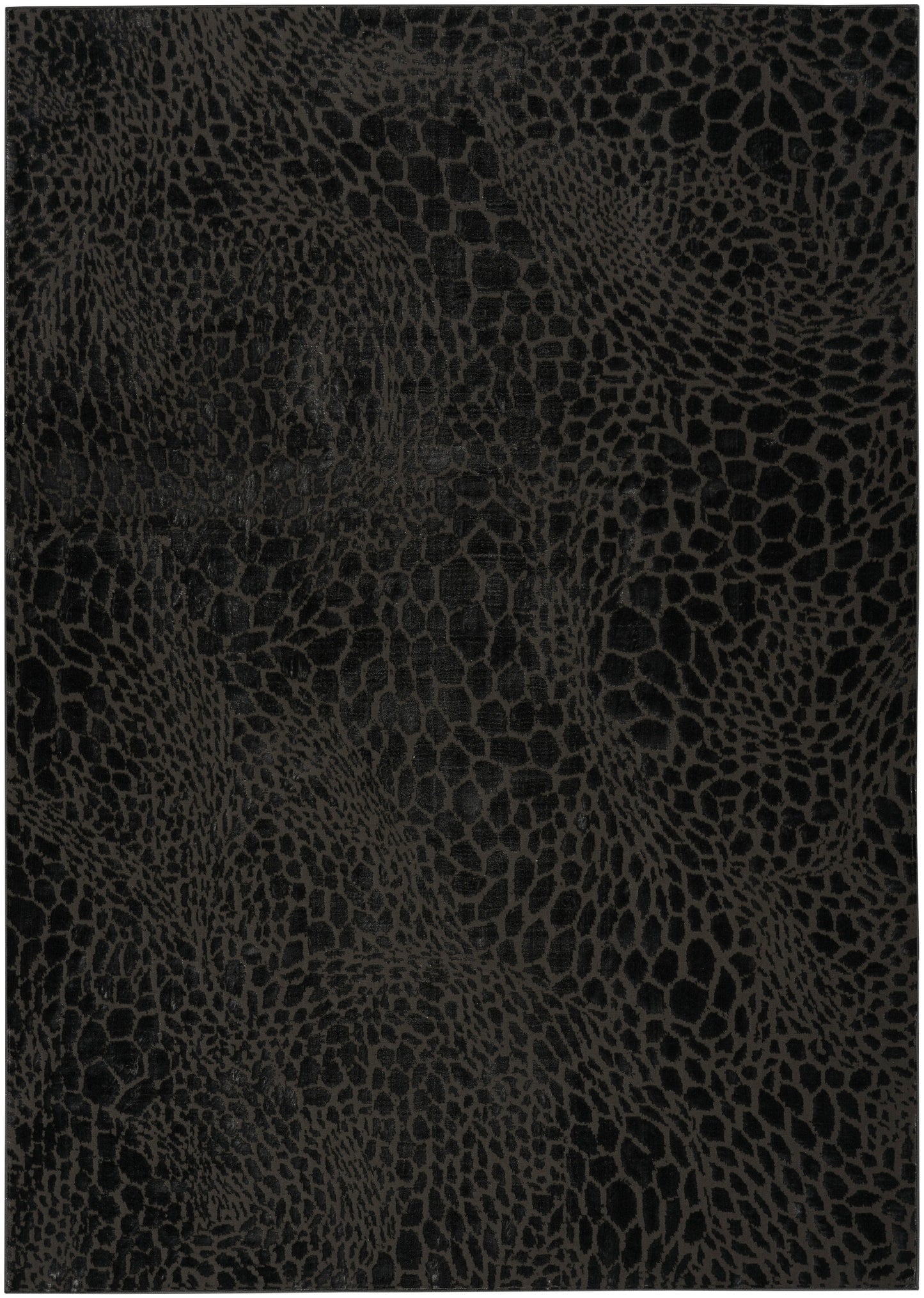 Black rug with embossed reptile-scale texture; modern 4' x 6' rug for living spaces.