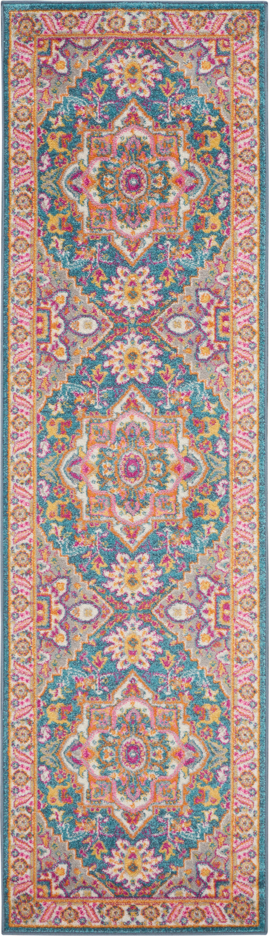 Colorful oriental runner rug with teal field, pink & orange accents, central medallions & ornate border.