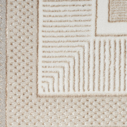 Beige textured rug with geometric borders and raised linear patterns plus dotted sections in cream.