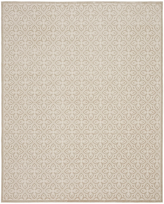 Beige area rug with an allover cream geometric quatrefoil pattern and a light border.