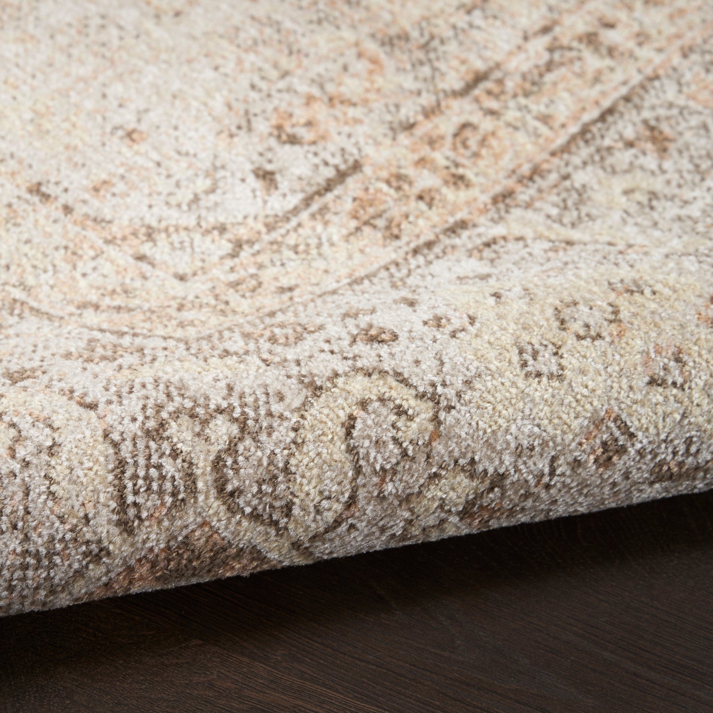 Beige and cream patterned rug with ornate damask scroll design, plush pile on dark wood floor.