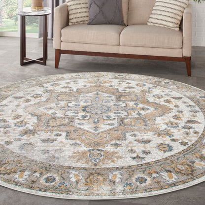 Round vintage-style area rug with ornate medallion in beige, ivory, gray & pale blue; plush low-pile in living room.