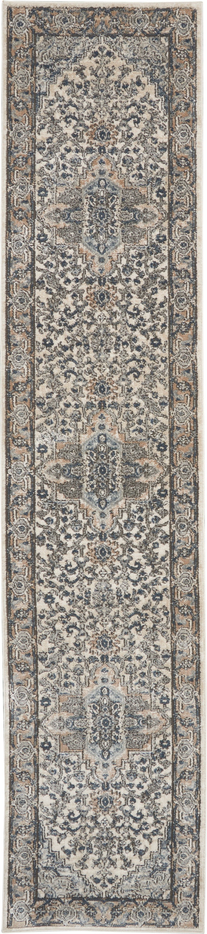 Long beige Persian-style runner rug with blue ivory floral medallions and ornate border.